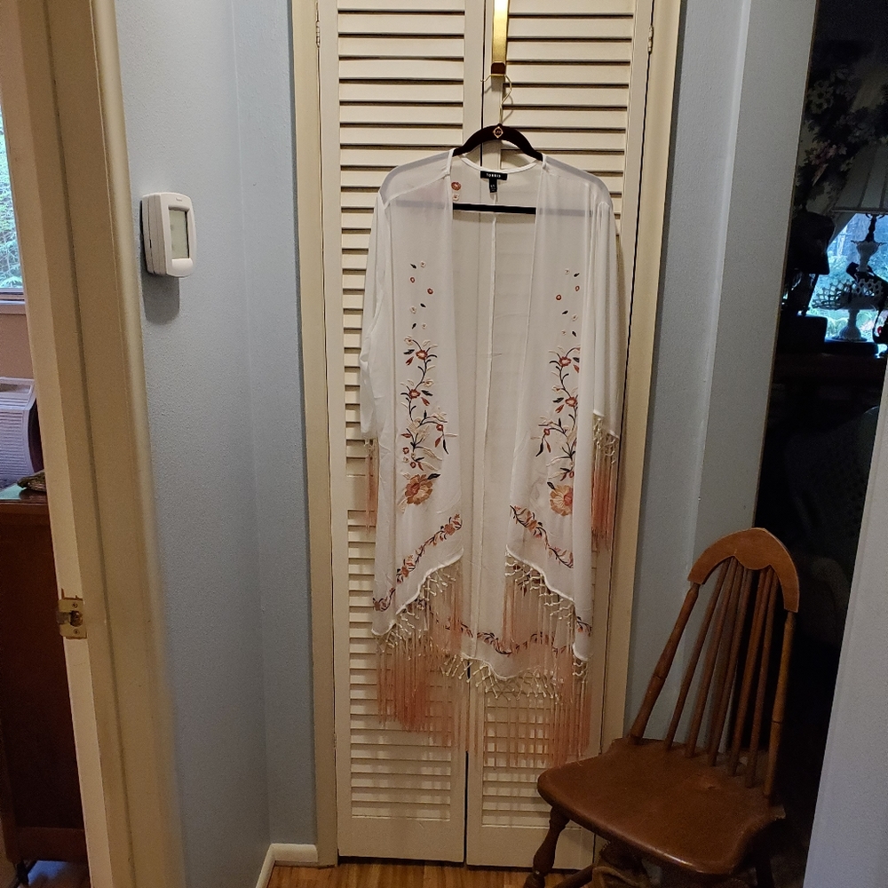 Torrid Sheer Embroidered Kimono with Ombre Fringe